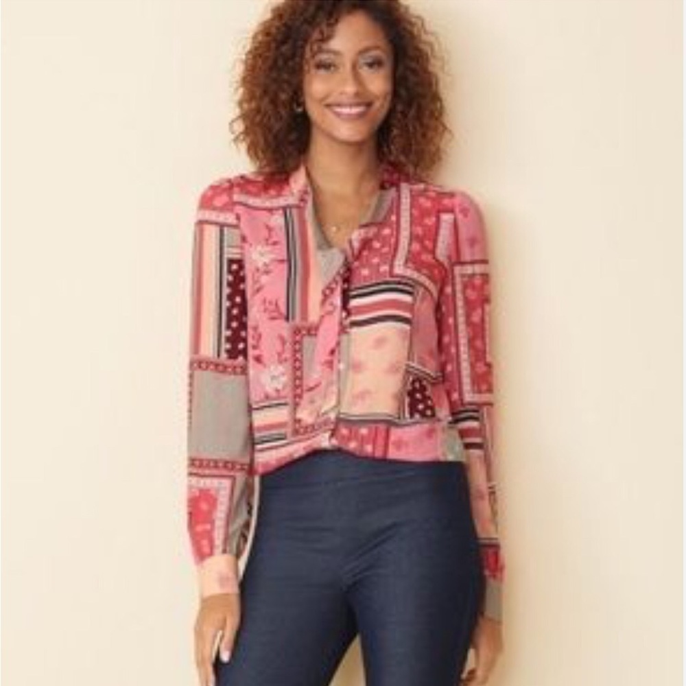 Talbots Xl Blouse Top Patchwork Mixed Prints Neck… - image 1